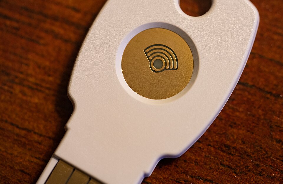 Hardware two factor authentication security key used to protect AI accounts from stolen session tokens and API keys