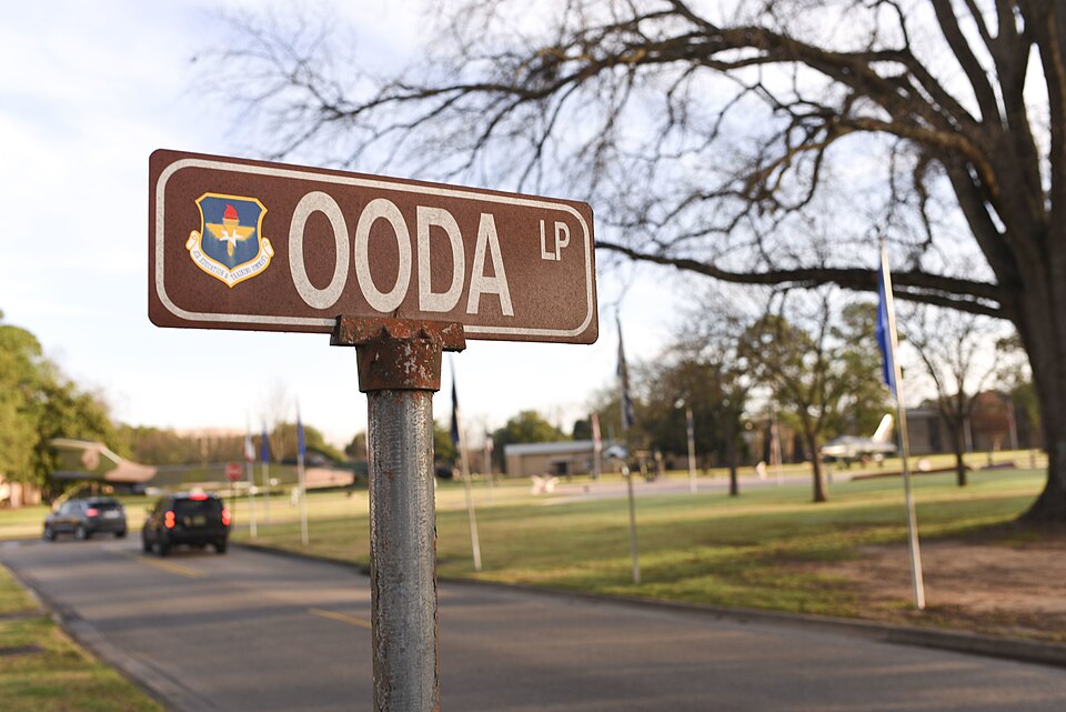 Street sign at Maxwell Air Force Base in Alabama named for the OODA loop decision cycle of observe, orient, decide, and act