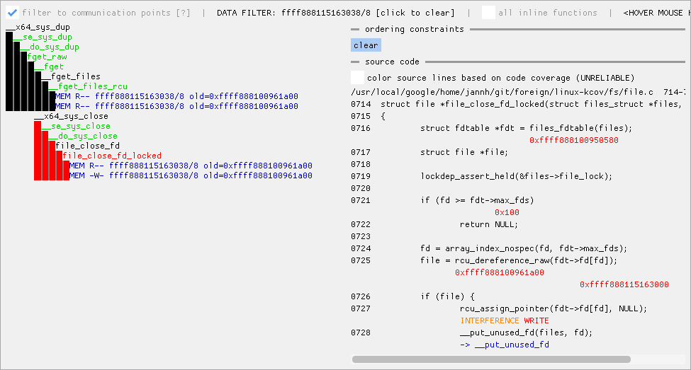 Source view of a race condition trace with memory reads in red, writes marked WRITE, and shared accesses prefixed INTERFERENCE in orange