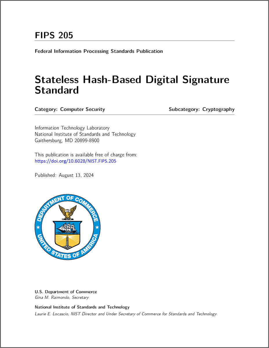 Cover page of NIST FIPS 205, the Stateless Hash-Based Digital Signature Standard, published in August 2024.