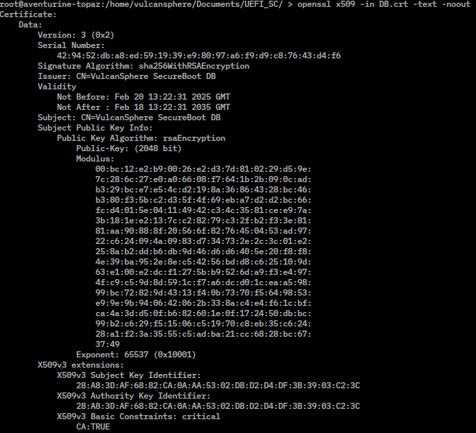 A terminal screenshot of OpenSSL showing a self generated certificate and its contents